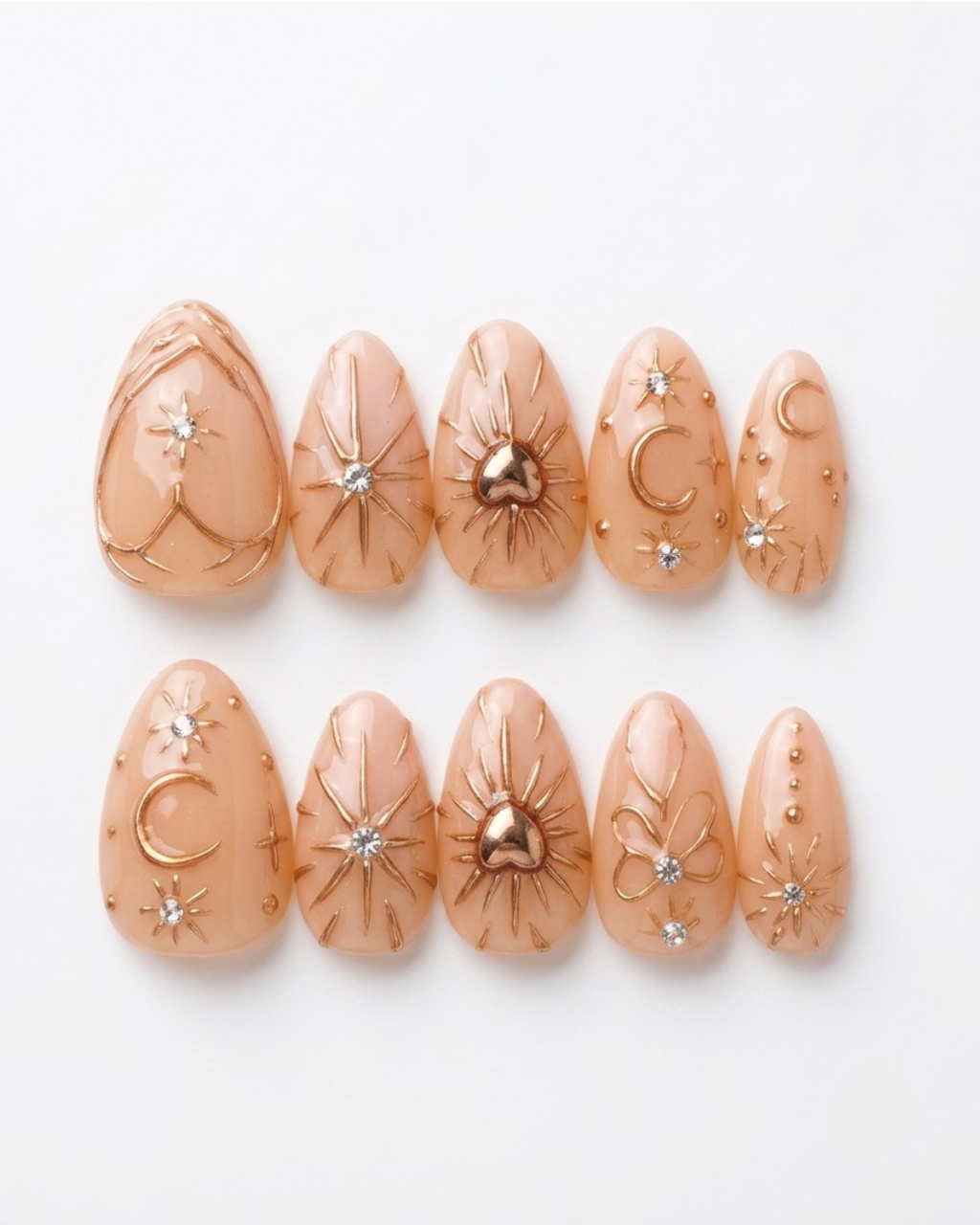 Nude peach, press-on nails, short almond, soft gel, reusable, 3D