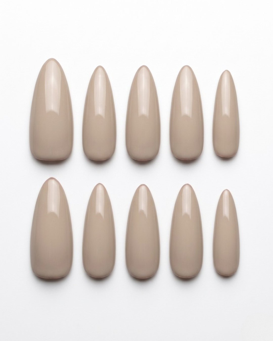 Beige, press-on nails, long almond, soft gel, reusable