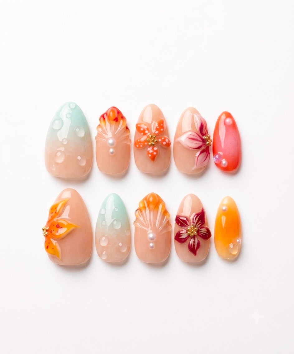 Press-on nails, short almond, soft gel, reusable, 3D