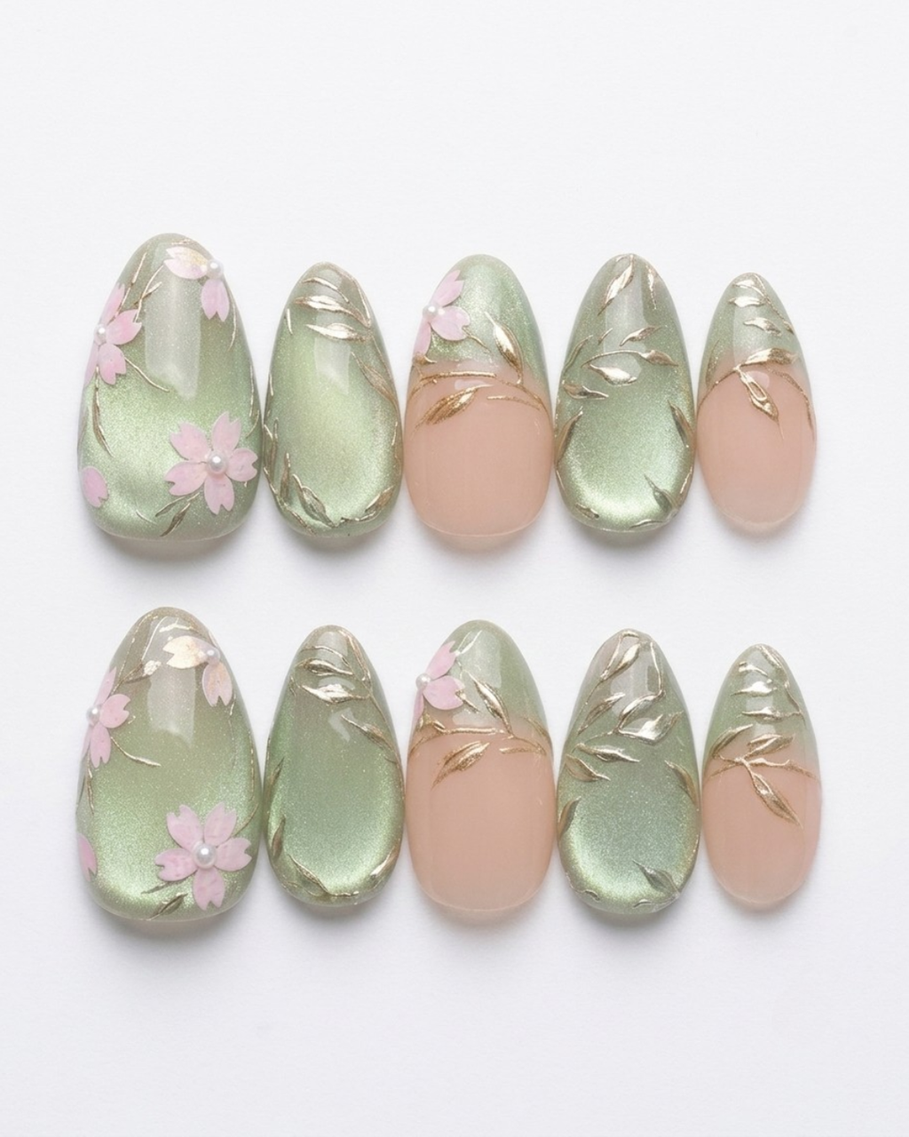 Sage green, press-on nails, short almond, soft gel, reusable, 3D