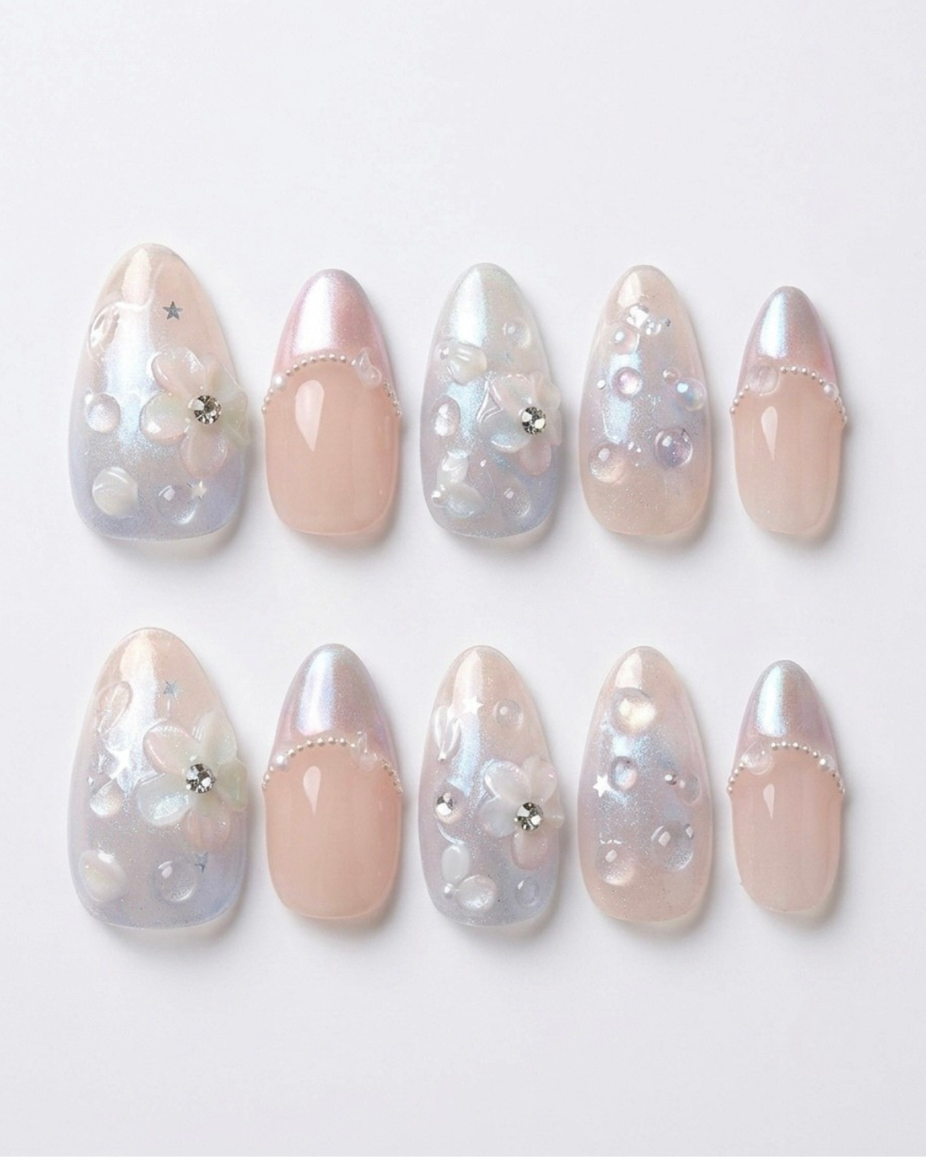 Press-on nails, short almond, soft gel, reusable, 3D