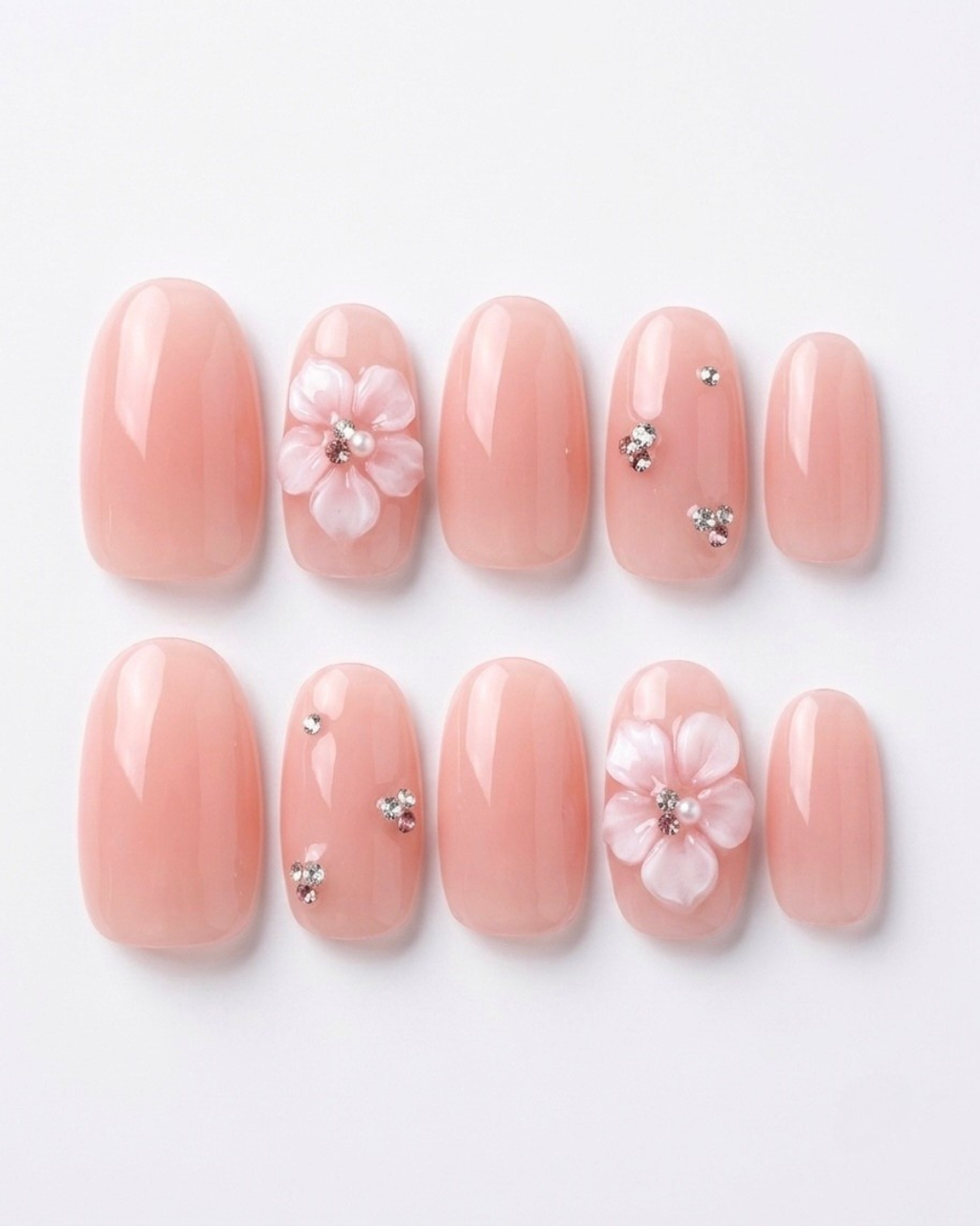 Blush pink, press-on nails, short oval, soft gel, reusable, 3D