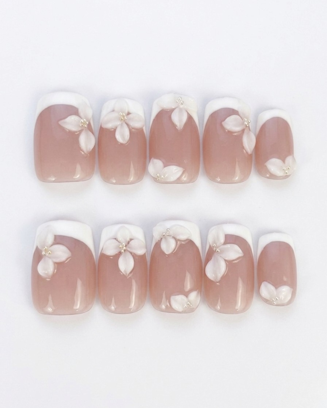 Nude pink, french, press-on nails, medium squoval, soft gel, reusable, 3D