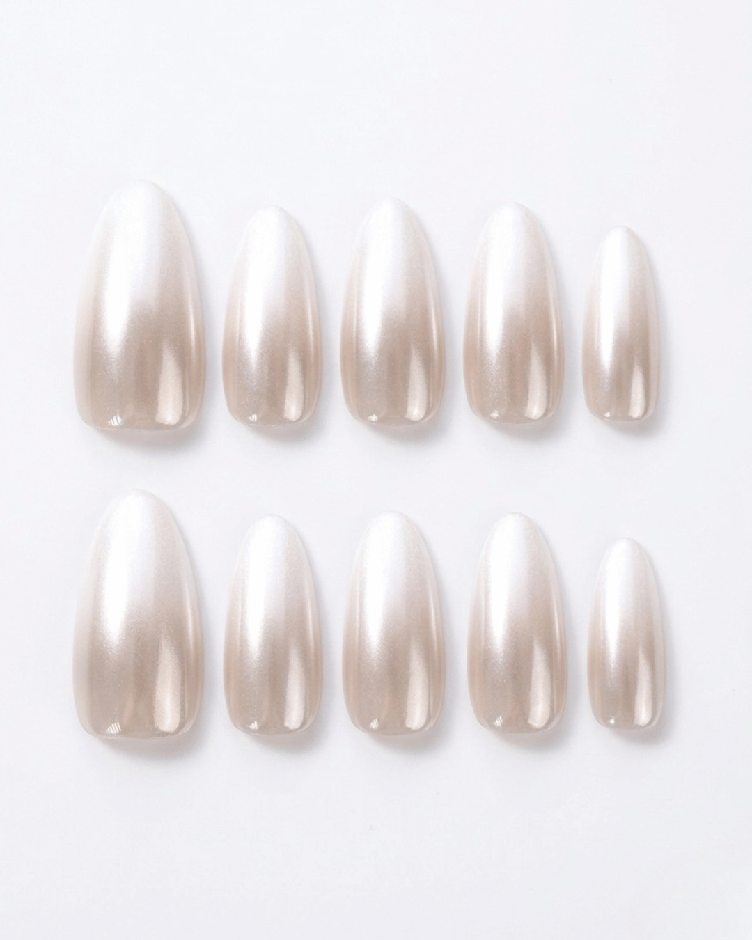 White nude chrome, press-on nails, medium almond, soft gel, reusable