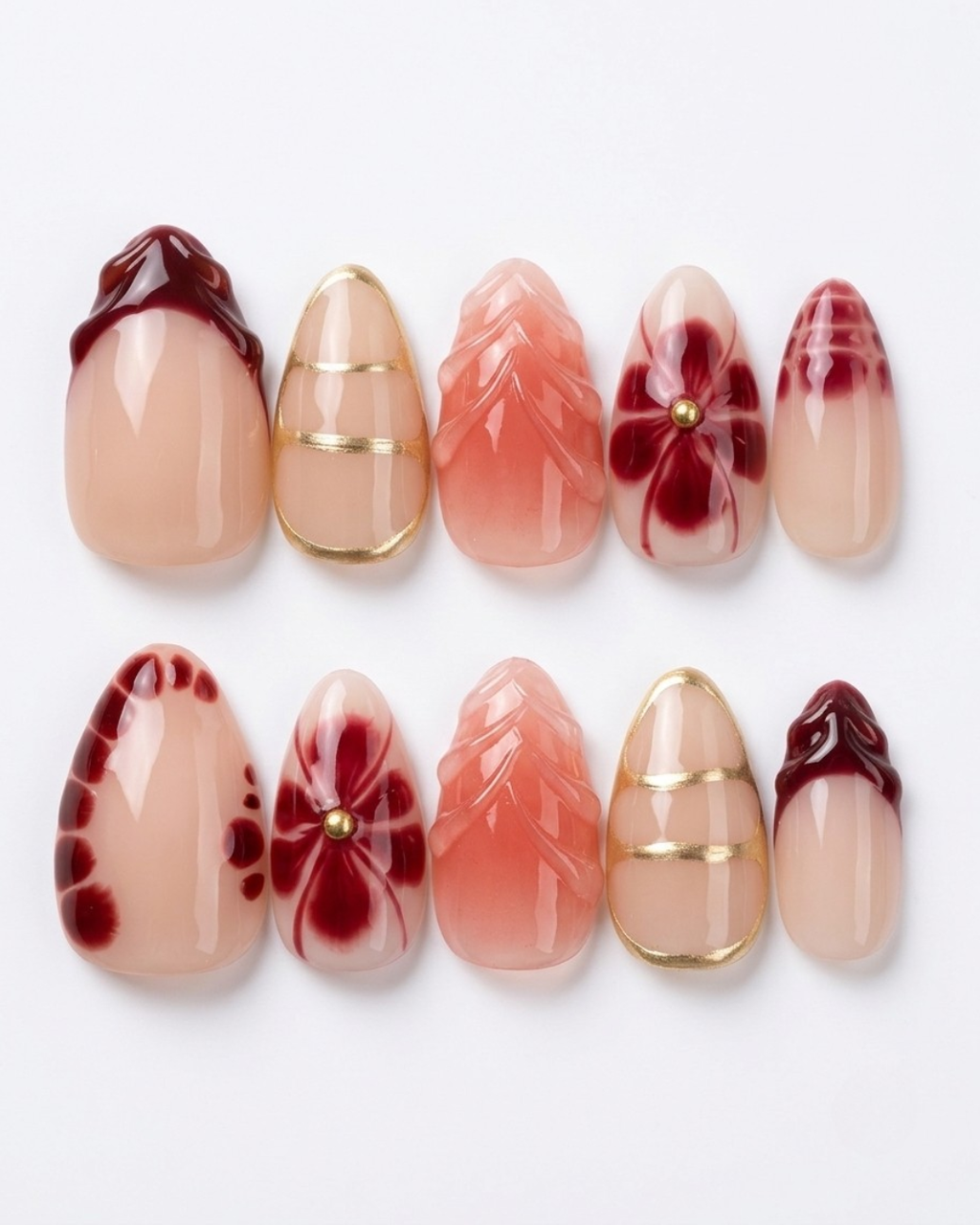 Press-on nails, short almond, soft gel, reusable, 3D