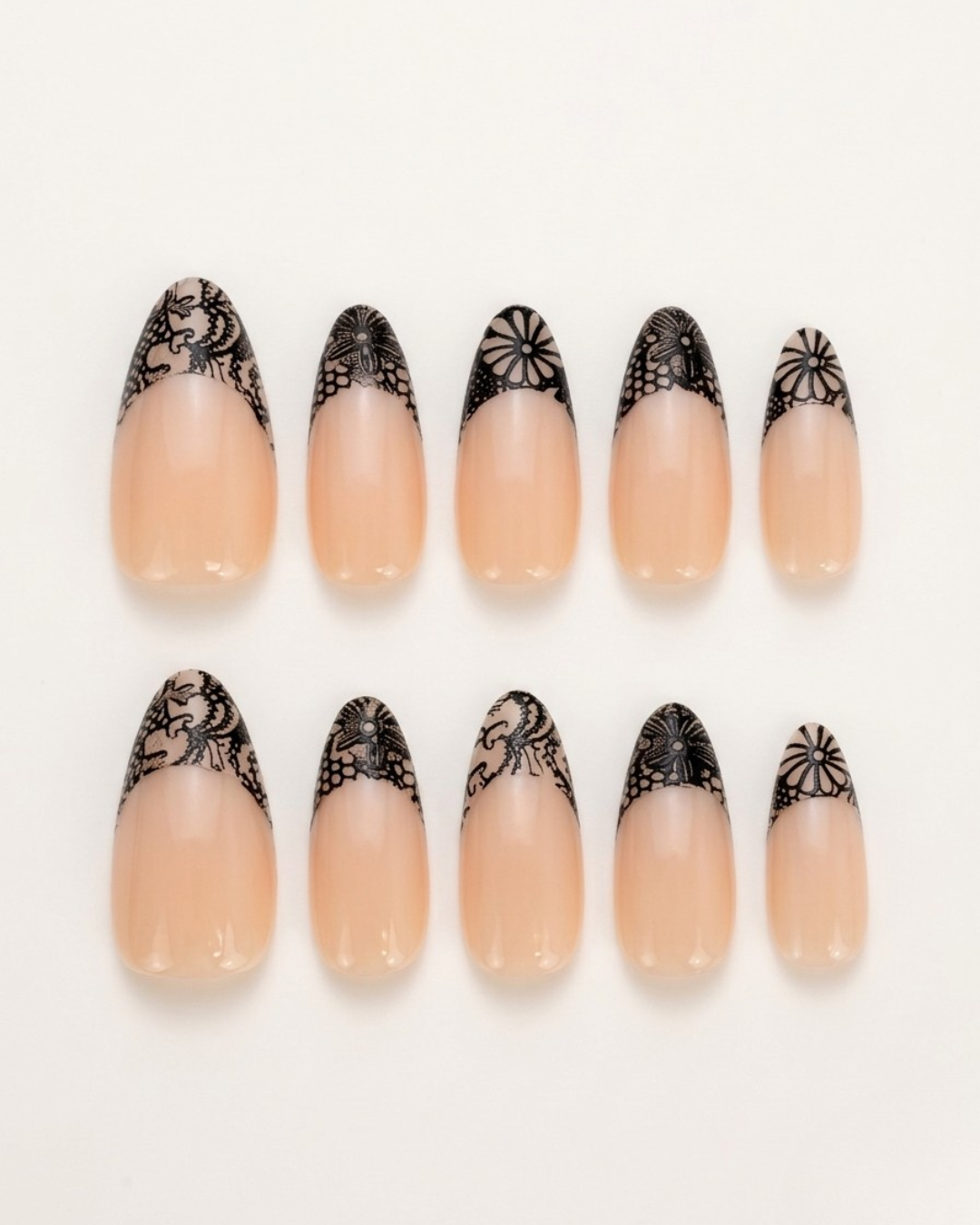 French, press-on nails, medium almond, soft gel, reusable