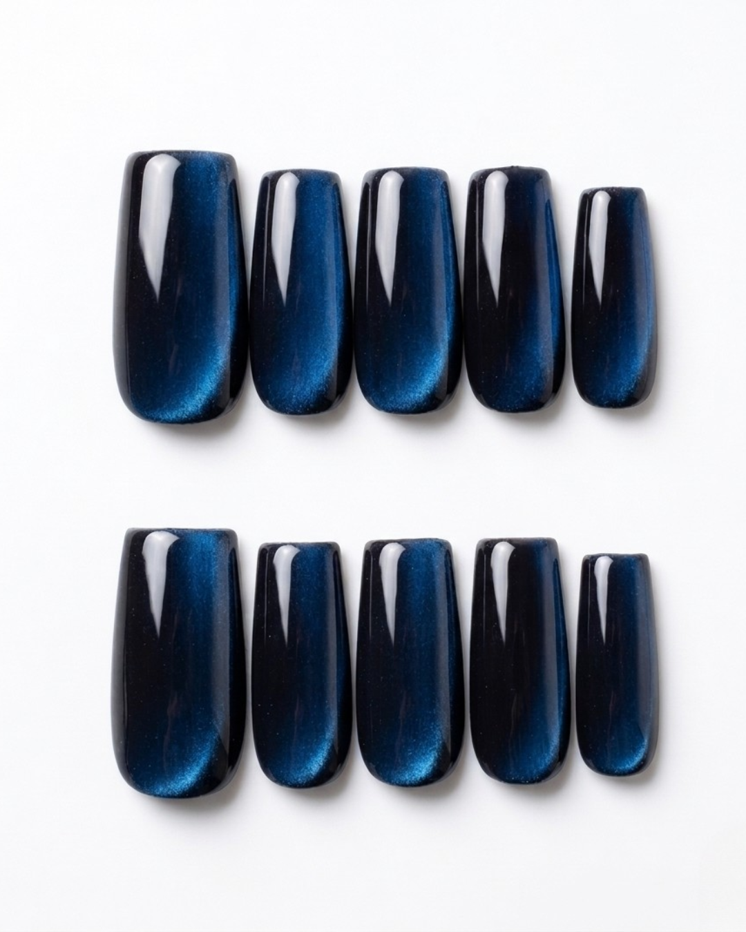 Dark blue, cat-eye, press-on nails, medium-long square, soft gel, reusable