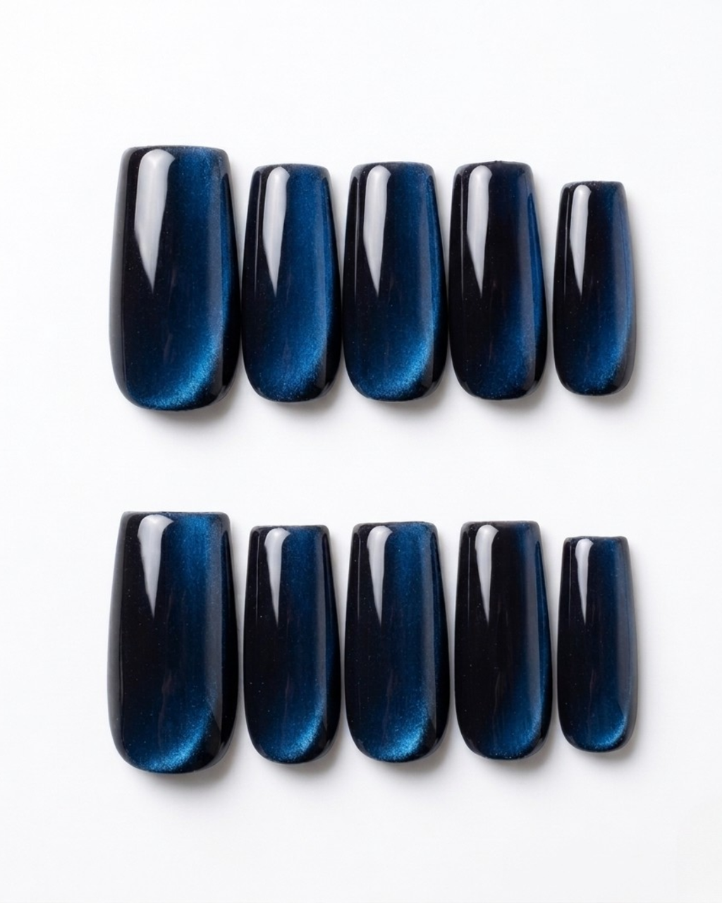 Dark blue, cat-eye, press-on nails, medium square, soft gel, reusable