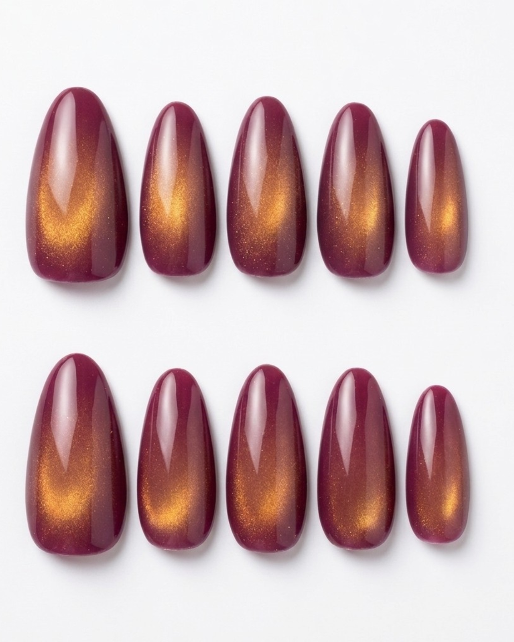 Burgundy, cat-eye, press-on nails, medium almond, soft gel, reusable