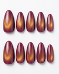 Burgundy, cat-eye, press-on nails, medium almond, soft gel, reusable