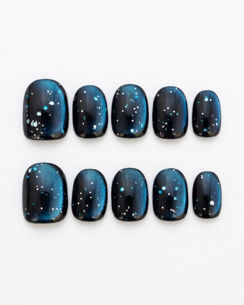 Teal blue, cat-eye, press-on nails, short rounded, soft gel, reusable