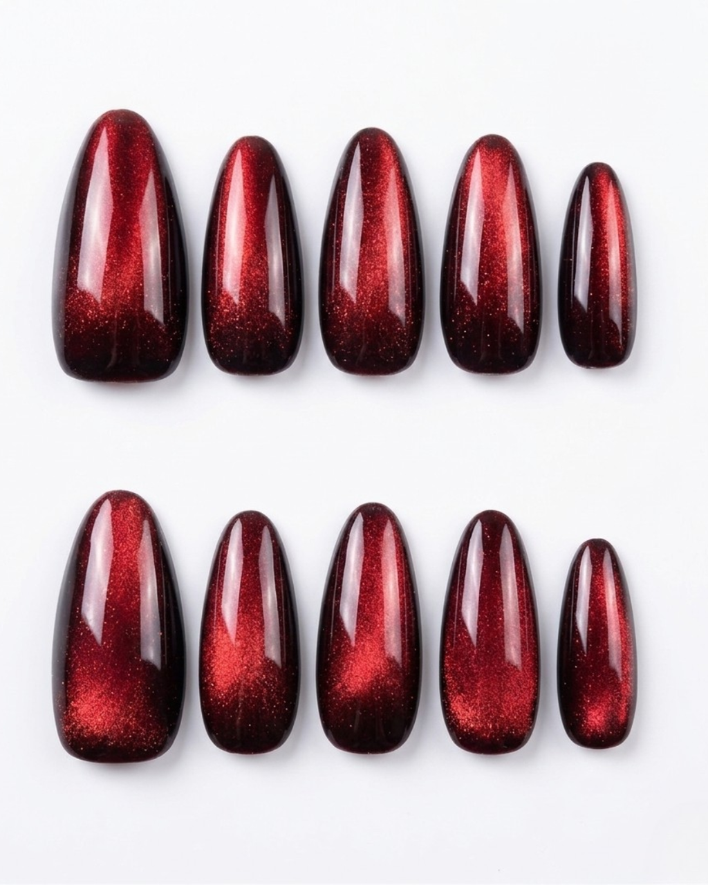 Red, cat-eye, press-on nails, medium almond, soft gel, reusable 