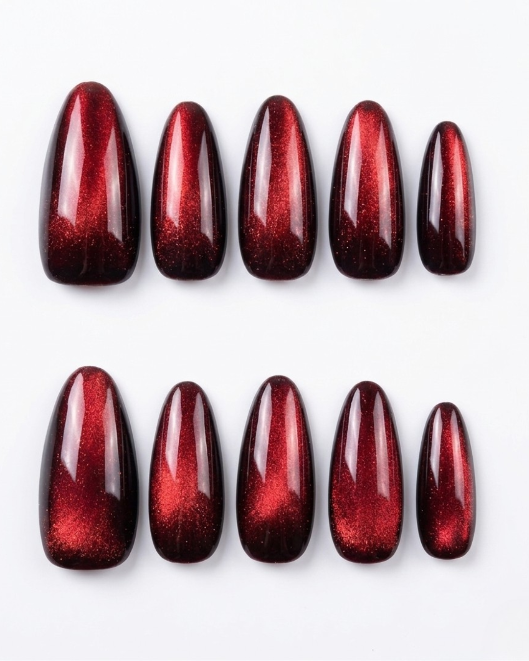 Red, cat-eye, press-on nails, medium almond, soft gel, reusable 