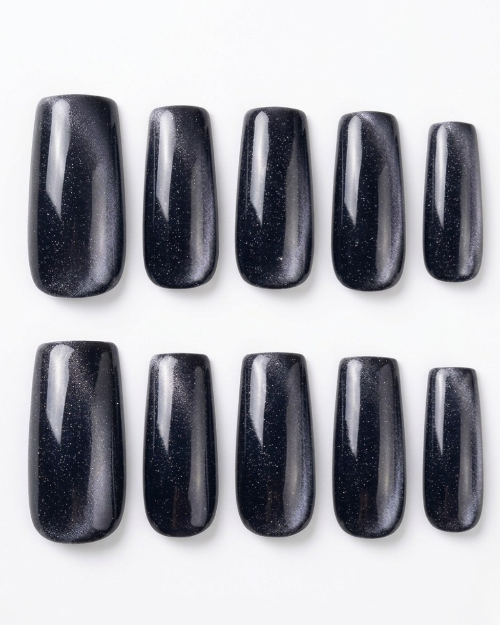 Dark purple, cat-eye, press-on nails, medium-long coffin, soft gel, reusable