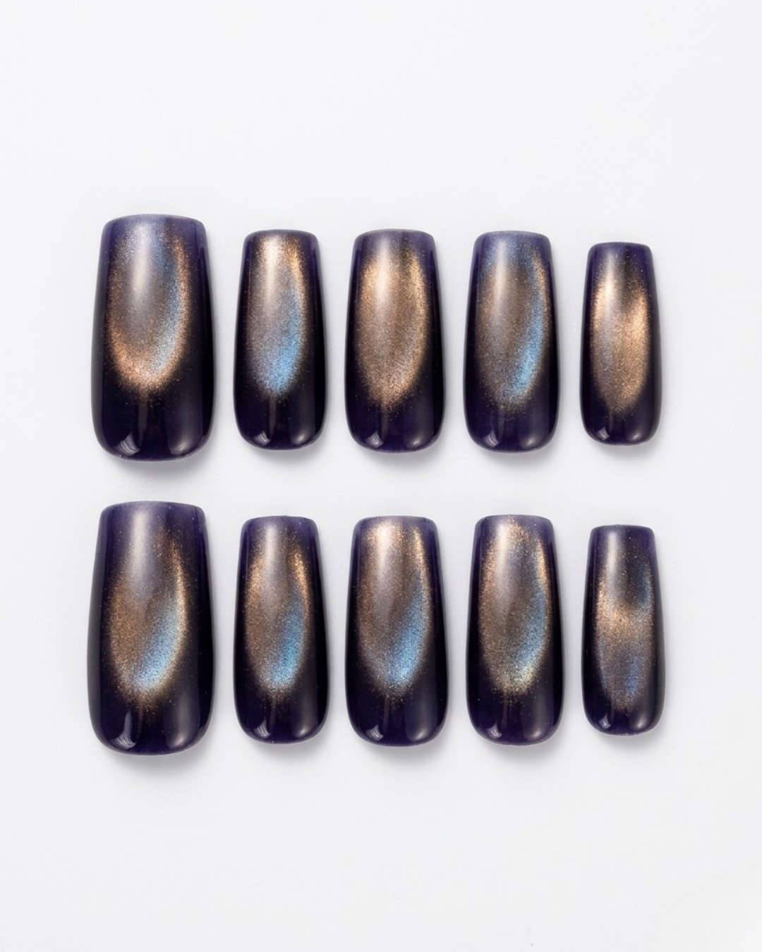 Indigo, cat-eye, press-on nails, medium square, soft gel, reusable