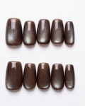 Espresso brown cat-eye, press-on nails, medium almond, soft gel, reusable