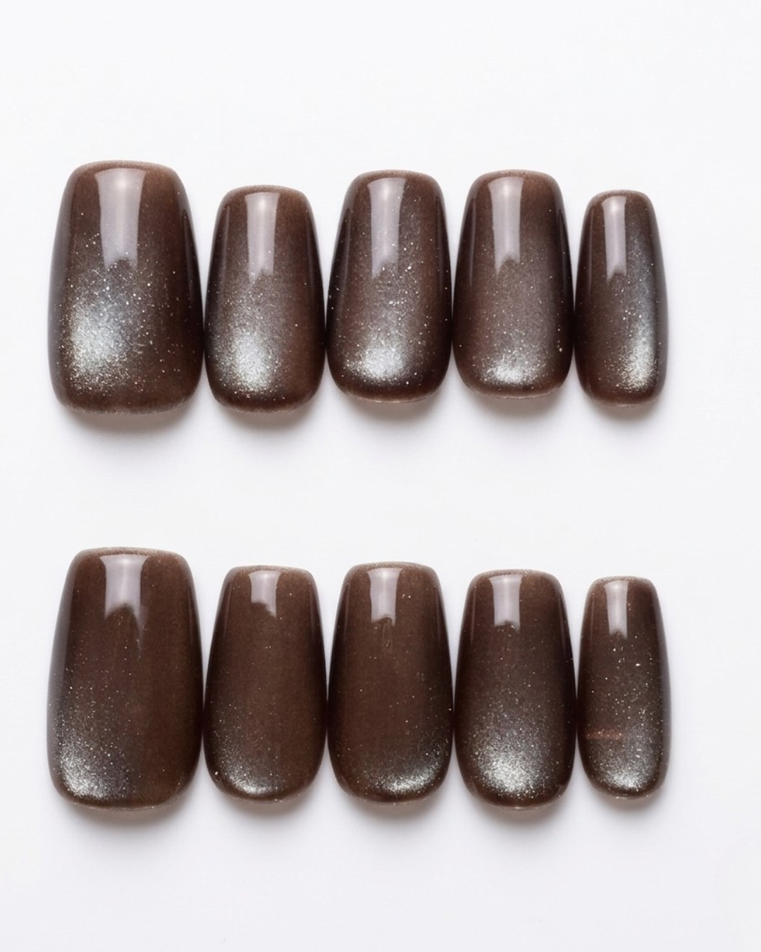 Espresso brown cat-eye, press-on nails, medium almond, soft gel, reusable
