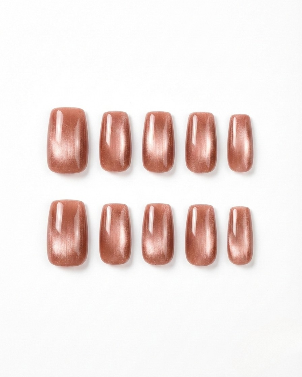 Warm copper, cat-eye, press-on nails, medium squoval, soft gel, reusable