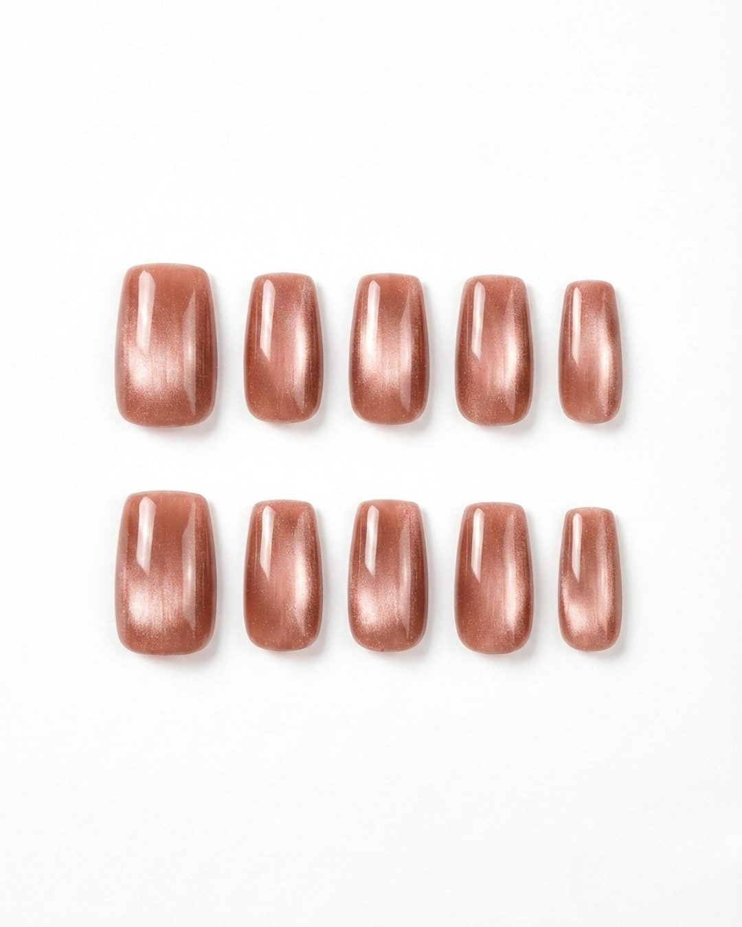 Warm copper, cat-eye, press-on nails, medium squoval, soft gel, reusable