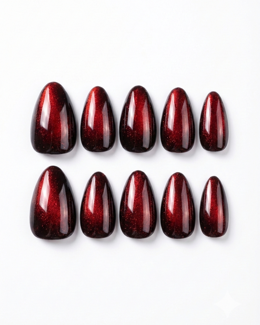 Red, cat-eye, press-on nails, short almond, soft gel, reusable