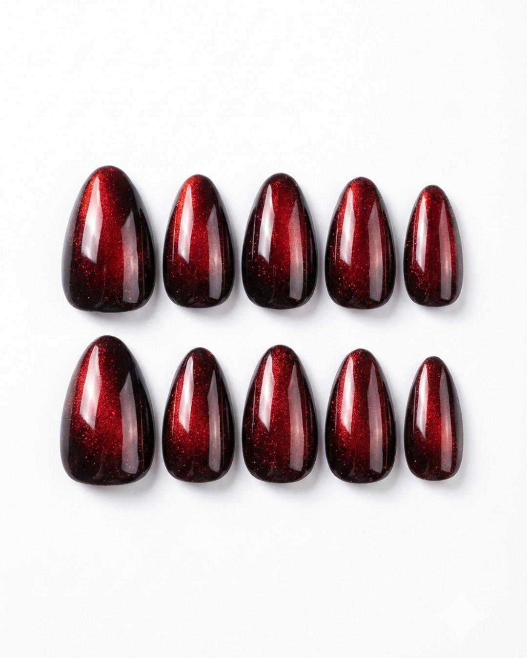 Red, cat-eye, press-on nails, short almond, soft gel, reusable