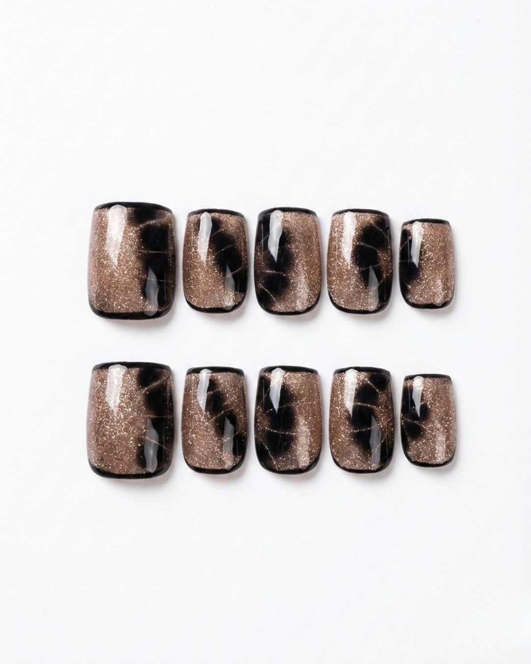 Bronze, cat-eye, press-on nails, short square, soft gel, reusable