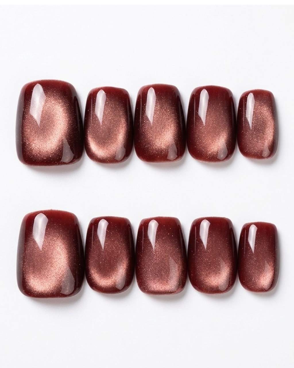 Burgundy, cat-eye, press-on nails, short squoval, soft gel, reusable