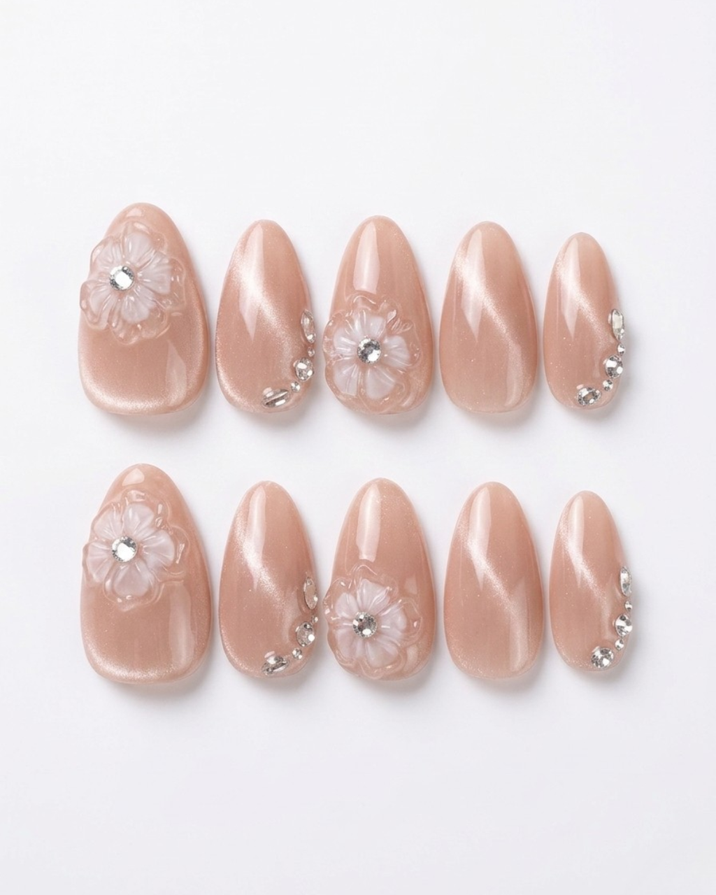 Rosy taupe, cat-eye, press-on nails, short almond, soft gel, reusable, 3D