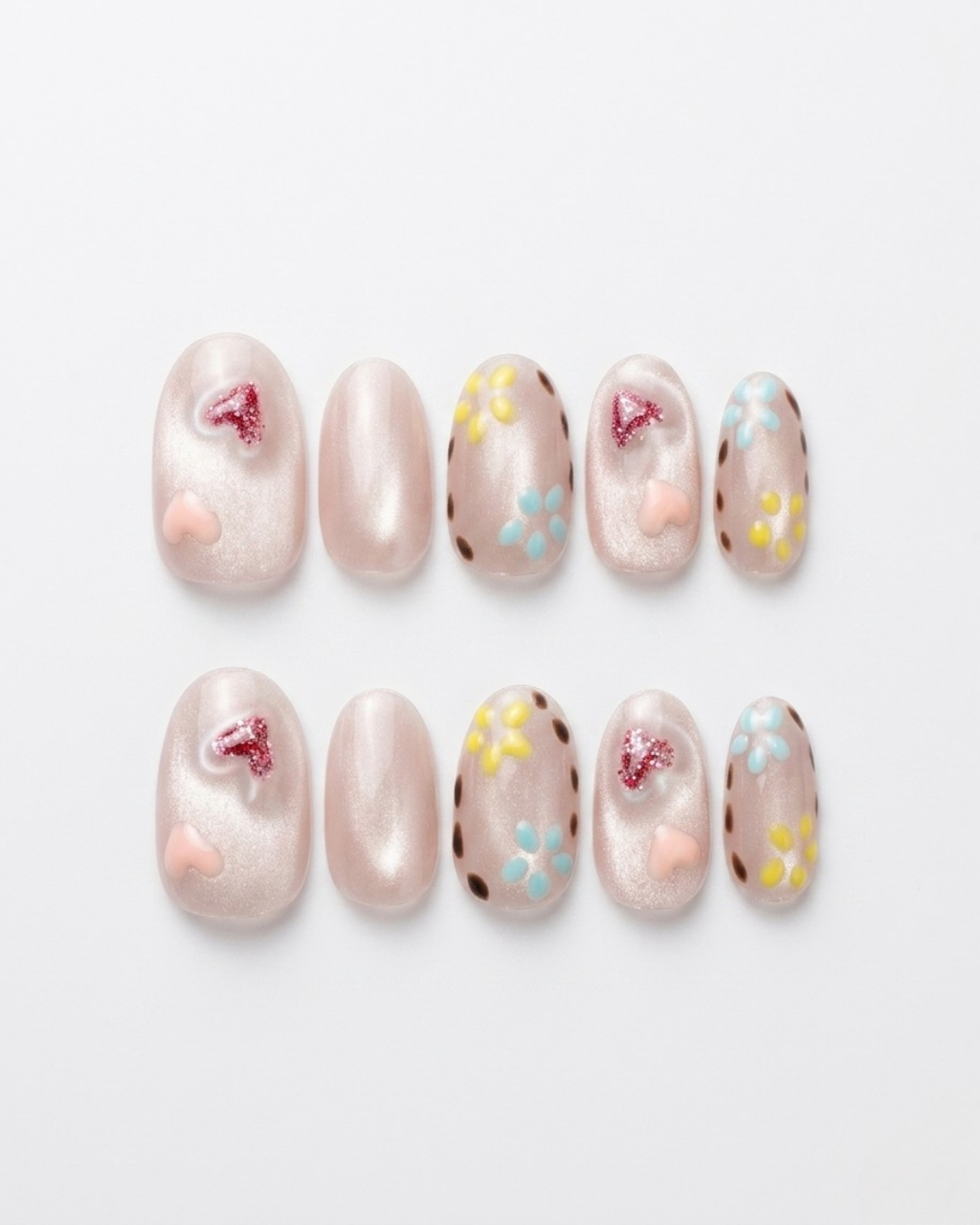 Nude pink, cat-eye, press-on nails, short oval, soft gel, reusable, 3D