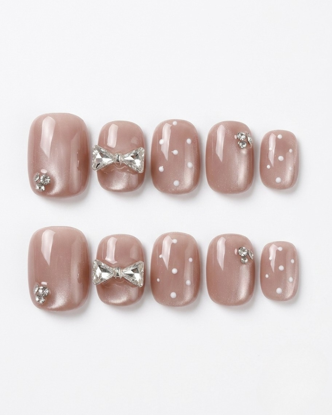 Mauve nude, cat-eye, press-on nails, short oval, soft gel, reusable, 3D