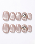 Dusty rose mauve, cat-eye, press-on nails, short round, soft gel, reusable, 3D