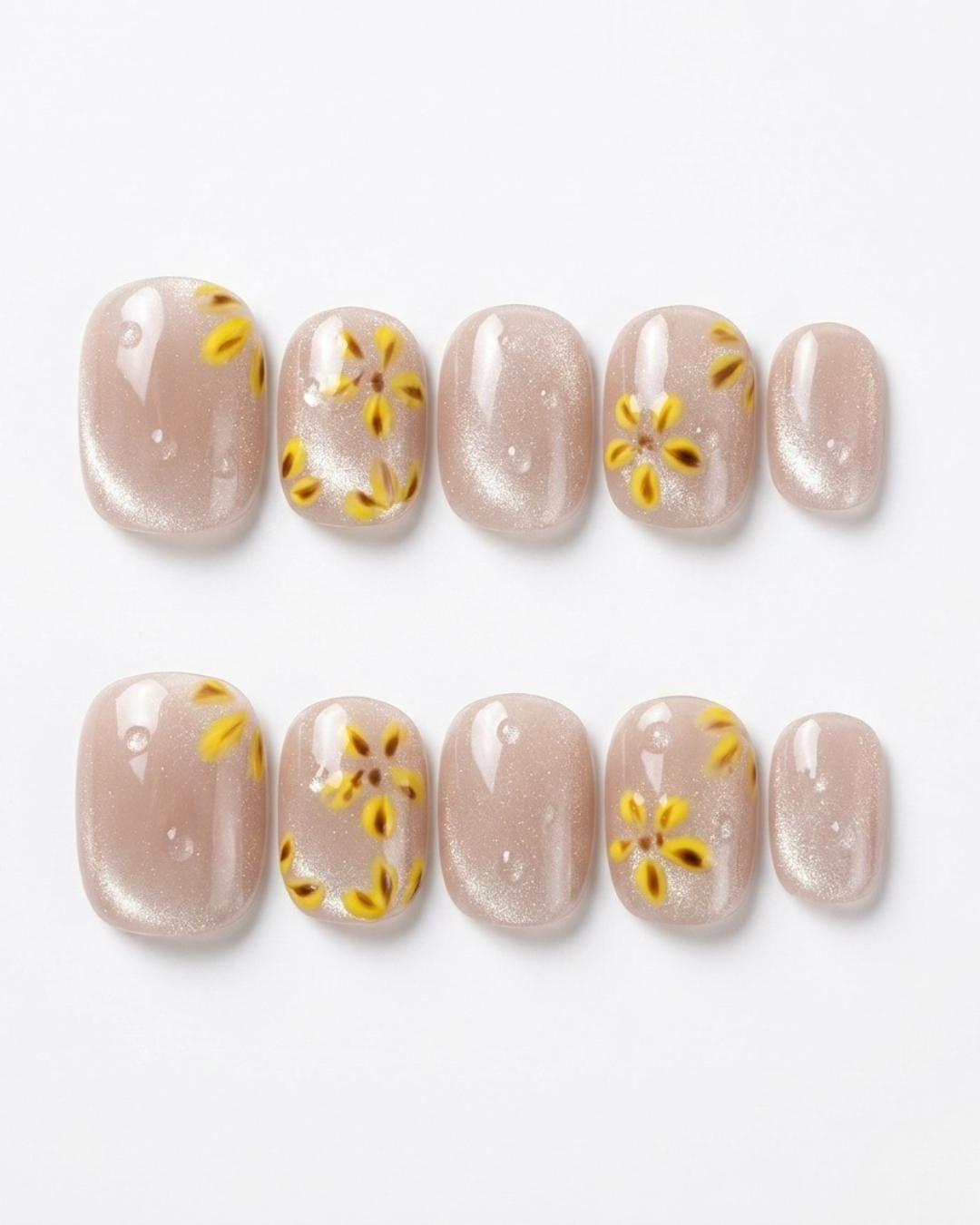 Silver champagne, cat-eye, press-on nails, short round, soft gel, reusable, 3D