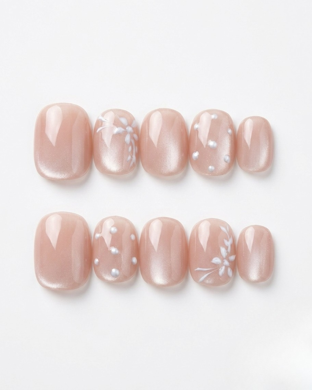 Rosy nude, cat-eye, press-on nails, short round, soft gel, reusable, 3D