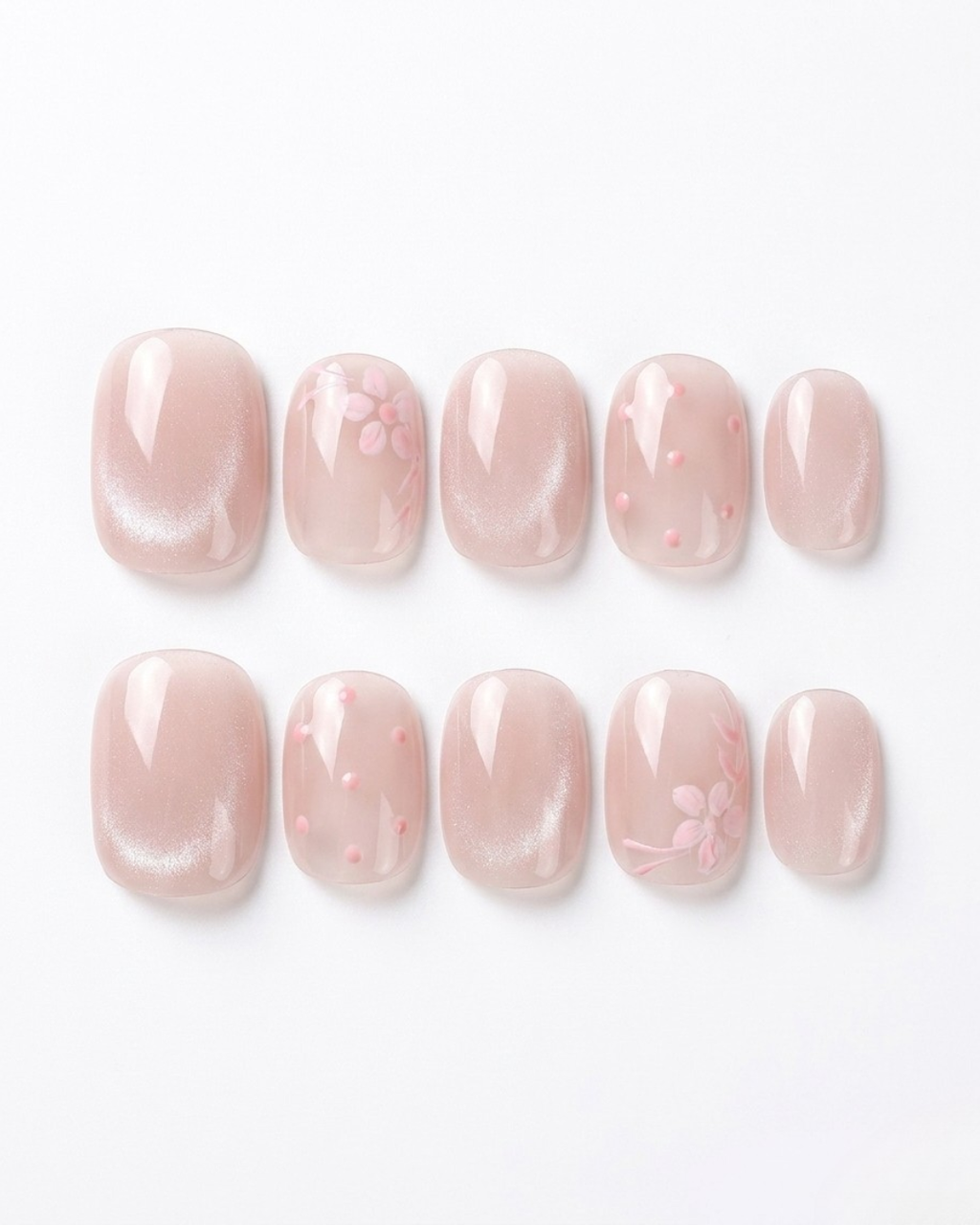 Blush pink, cat-eye, press-on nails, short round, soft gel, reusable, 3D