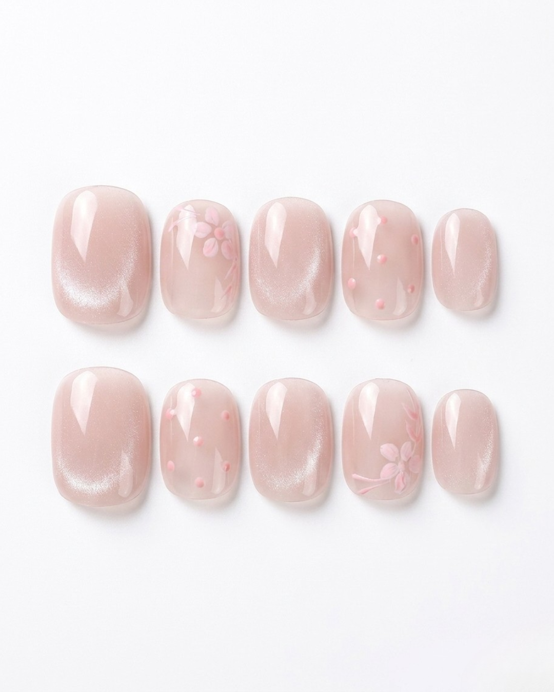 Blush pink, cat-eye, press-on nails, short round, soft gel, reusable, 3D