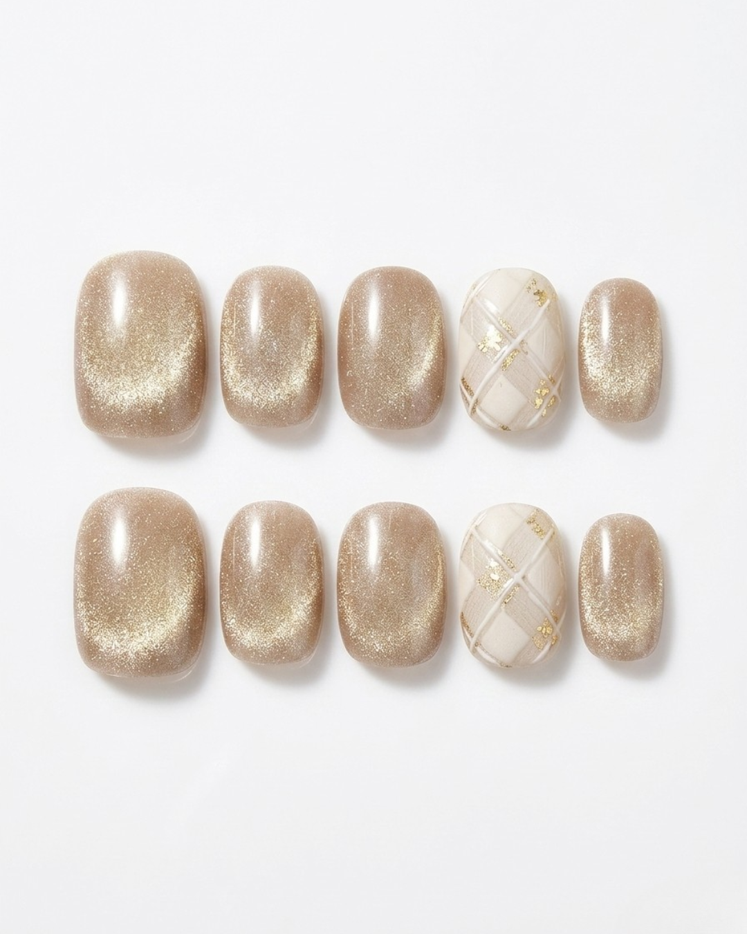 Champagne gold, cat-eye, press-on nails, short round, soft gel, reusable