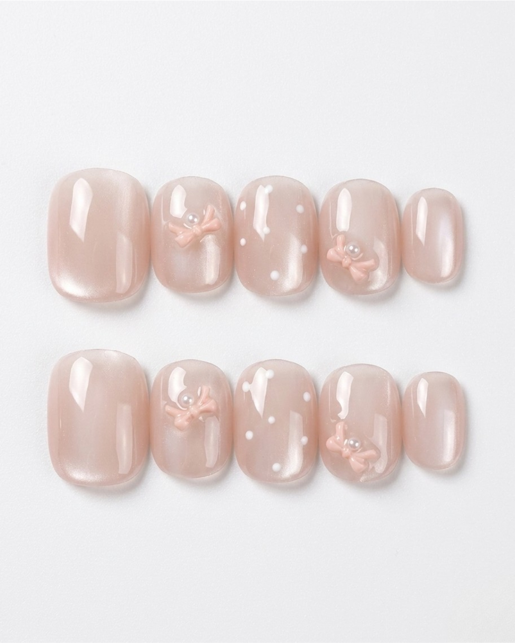 Blush pink, cat-eye, press-on nails, short round, soft gel, reusable, 3D
