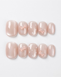 Blush pink, cat-eye, press-on nails, short round, soft gel, reusable, 3D