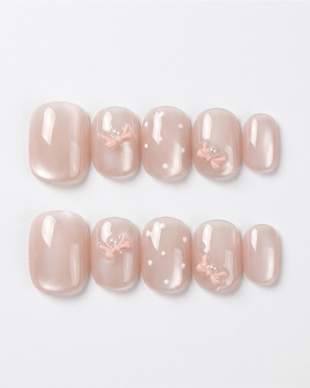 Blush pink, cat-eye, press-on nails, short round, soft gel, reusable, 3D