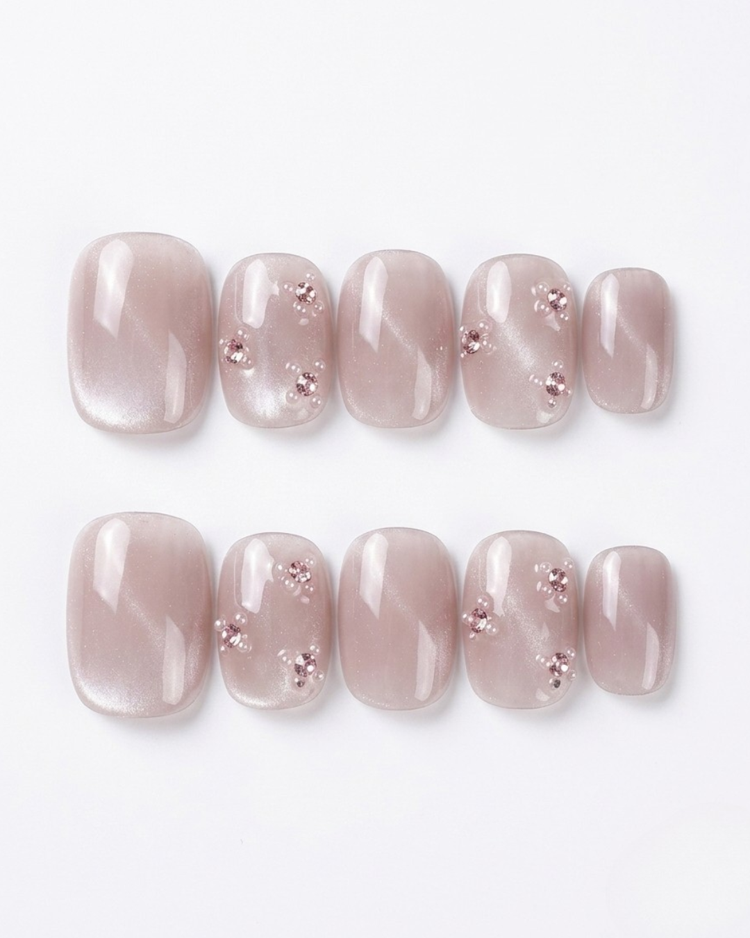 Soft mauve, cat-eye, press-on nails, short round, soft gel, reusable