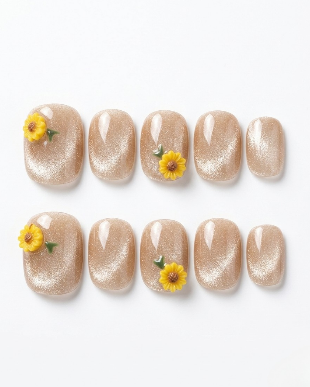 Champagne taupe, cat-eye, press-on nails, short round, soft gel, reusable, 3D