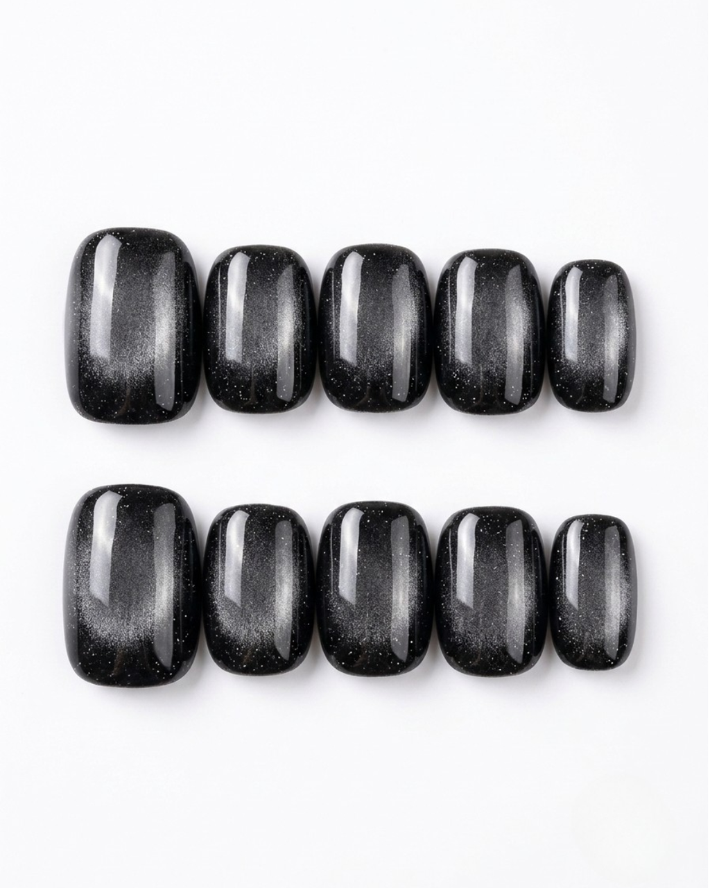 Black, cat-eye, press-on nails, short squoval, soft gel, reusable