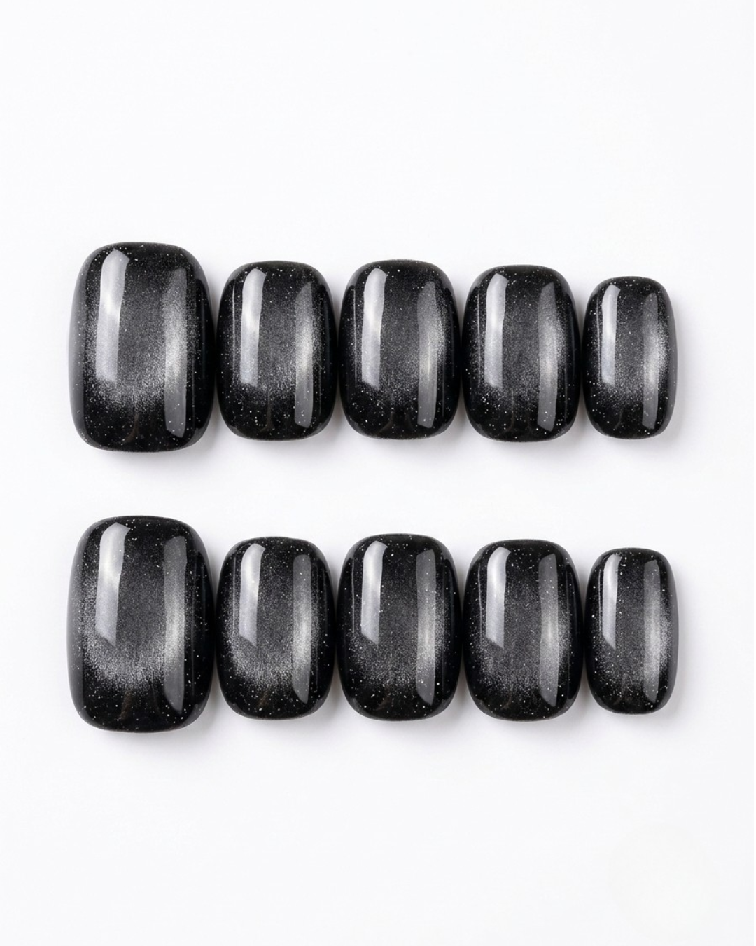 Black, cat-eye, press-on nails, short squoval, soft gel, reusable