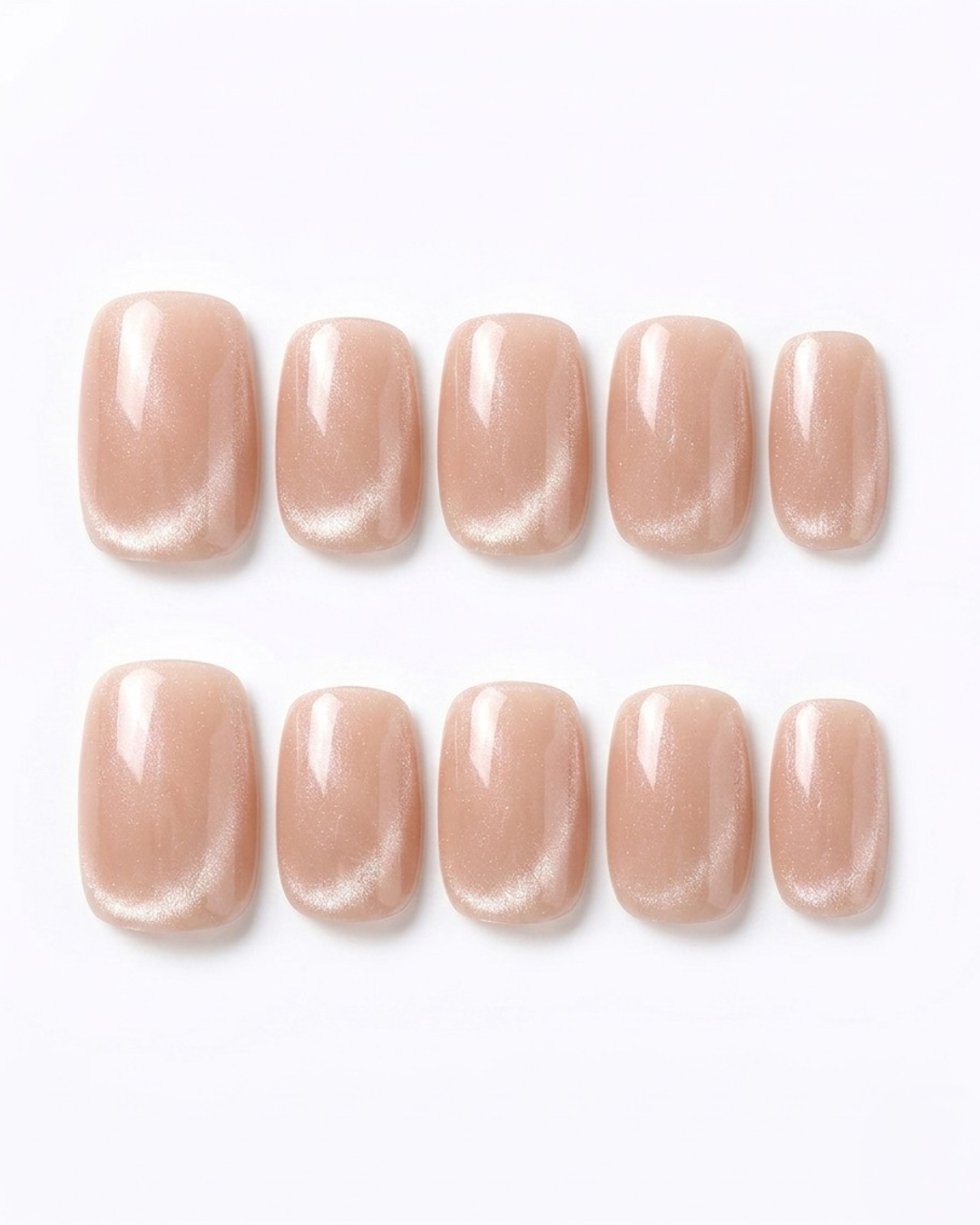Nude apricot, cat-eye, press-on nails, short squoval, soft gel, reusable