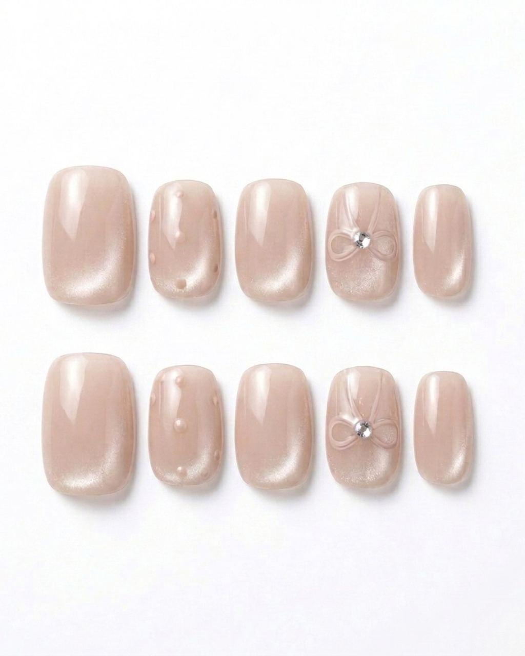 Nude beige, cat-eye, press-on nails, short squoval, soft gel, reusable