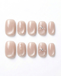 Nude beige, cat-eye, press-on nails, short squoval, soft gel, reusable