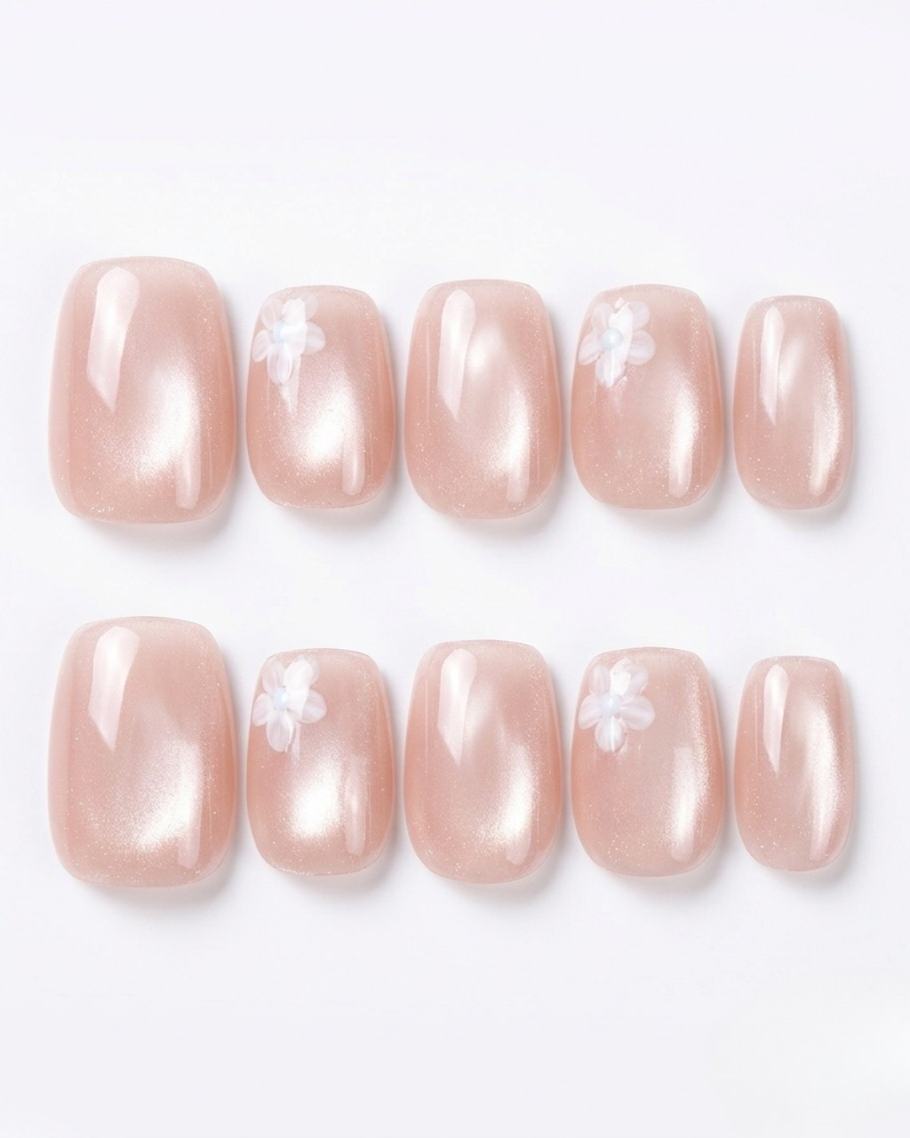 Rosy nude, cat-eye, press-on nails, short squoval, soft gel, reusable, 3D