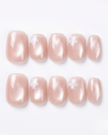 Rosy nude, cat-eye, press-on nails, short squoval, soft gel, reusable, 3D