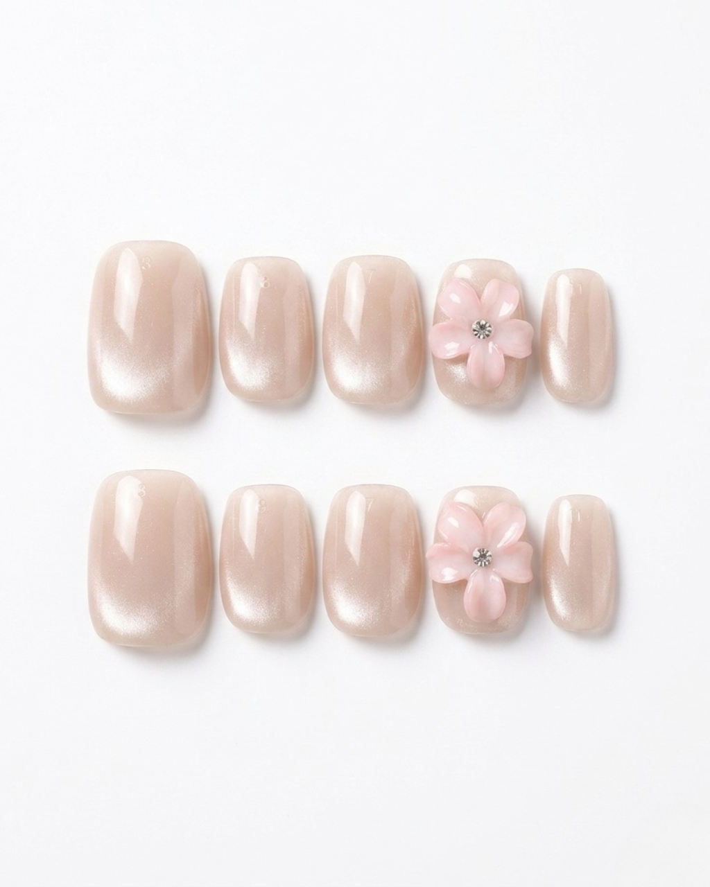 Champagne nude, cat-eye, press-on nails, short squoval, soft gel, reusable, 3D