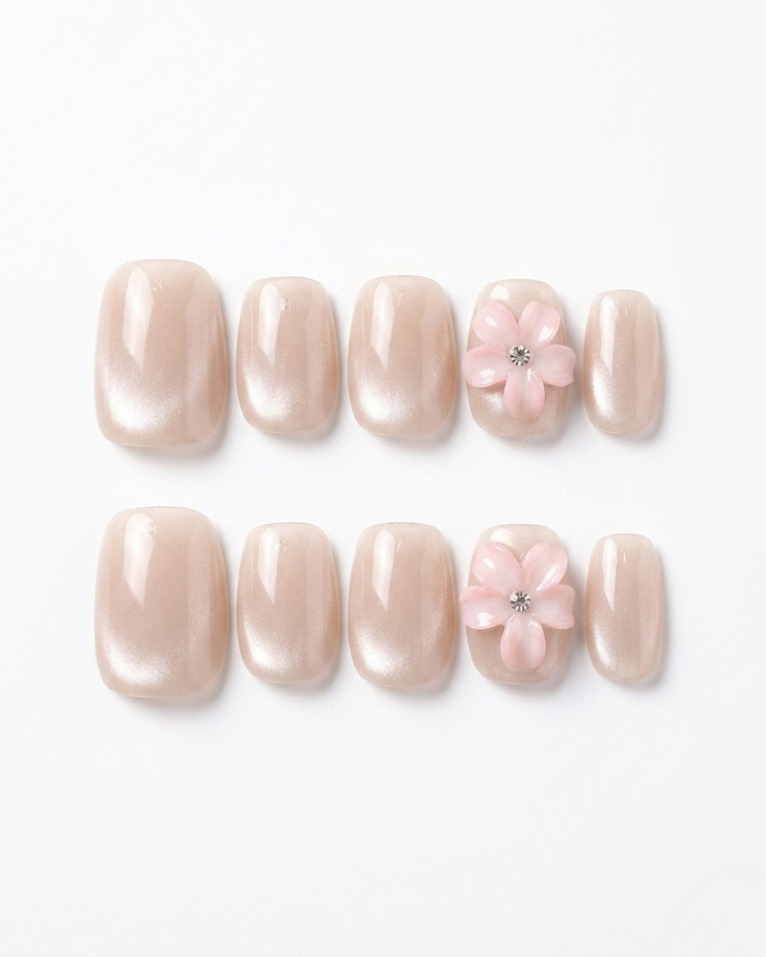 Champagne nude, cat-eye, press-on nails, short squoval, soft gel, reusable, 3D